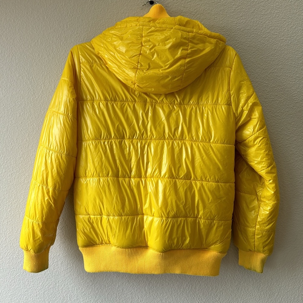 Quilted Yellow Hooded Puffer Jacket Medium Gem